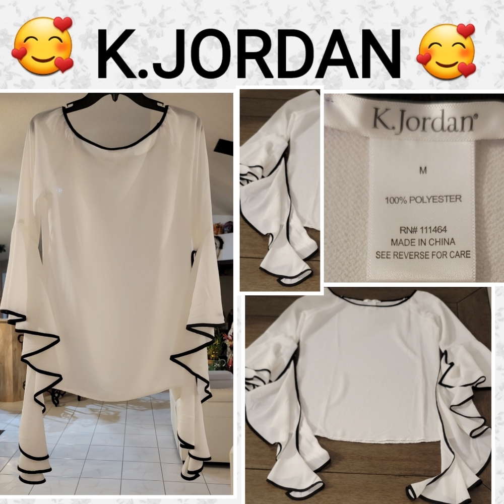 K.JORDAN White & Black Spiral Ruffled Sleeve Blouse - Size M
